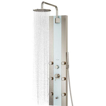Tropicana ShowerSpa Panel with 10" Rain Showerhead - Brushed Stainless Steel Body & Fixtures, Seafoam Tempered Glass Panel, 1.8GPM - Rain Shower Head with Handheld Spray Wand, 6 Silk-Spray Jets, Spout - color: Brushed Nickel Fixtures 1.8 GPM