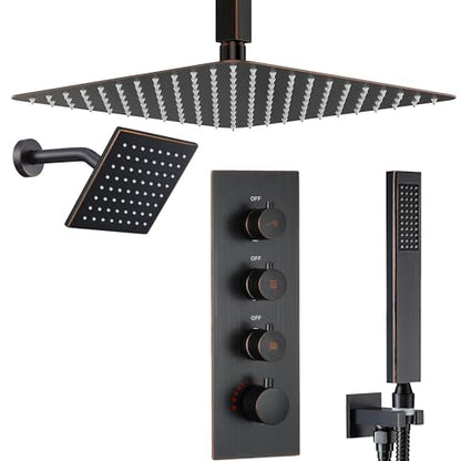 16" Thermostatic Dual Rainfall Head Shower System with Handheld & Valve, 16” Ceiling Shower Faucet Set with 6-Inch Shower Head, JetsBath Oil Rubbed Bronze Full Body Shower System for Couples/2-Person - color: Oil Rubbed Bronze