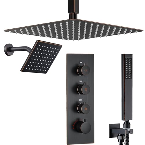 16" Thermostatic Dual Rainfall Head Shower System with Handheld & Valve, 16” Ceiling Shower Faucet Set with 6-Inch Shower Head, JetsBath Oil Rubbed Bronze Full Body Shower System for Couples/2-Person - color: Oil Rubbed Bronze