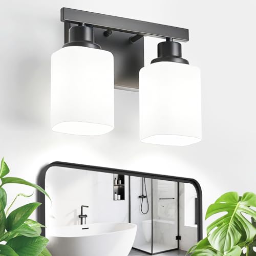 2 Light Bathroom Vanity Light,Matte Black Vanity Lights with Clear Glass,Bathroom Lighting Fixtures Over Mirror,Wall Light Fixtures for Living Room,Bedroom,Hallway(E26 Base) - color: Black, size: 2-Light