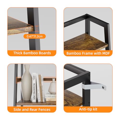 HITNET Ladder Shelf, 4 Tier Bookshelf with Bamboo Frame, Freestanding Bathroom Storage Shelving Unit for Living Room, Home Office, Bedroom, Rustic Brown and Black - color: Rustic Brown and Black