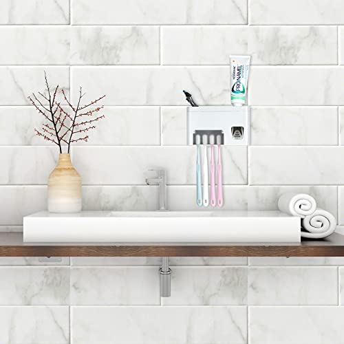 LUEXBOX Self Adhesive Toothbrush Holders Wall Mounted, Multifunction Toothpaste Stand with Covers, Automatic Toothpaste Dispenser for Bathroom, Toothbrush Hanger Rack for Dorm, Cabinet