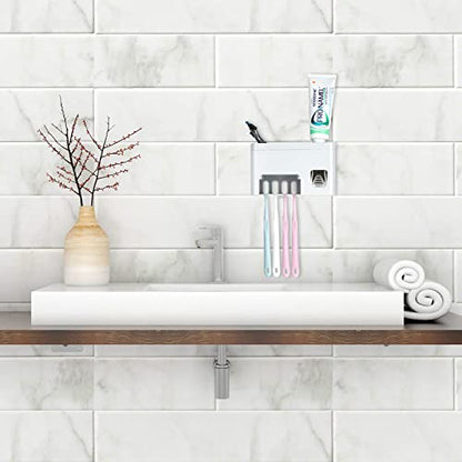 LUEXBOX Self Adhesive Toothbrush Holders Wall Mounted, Multifunction Toothpaste Stand with Covers, Automatic Toothpaste Dispenser for Bathroom, Toothbrush Hanger Rack for Dorm, Cabinet