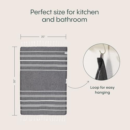 WETCAT Turkish Hand Towels with Hanging Loop, Set of 2 (20" x 30") 100% Turkish Cotton, Pre-Washed, Quick Drying, for Kitchen or Bathroom - Black - color: Black