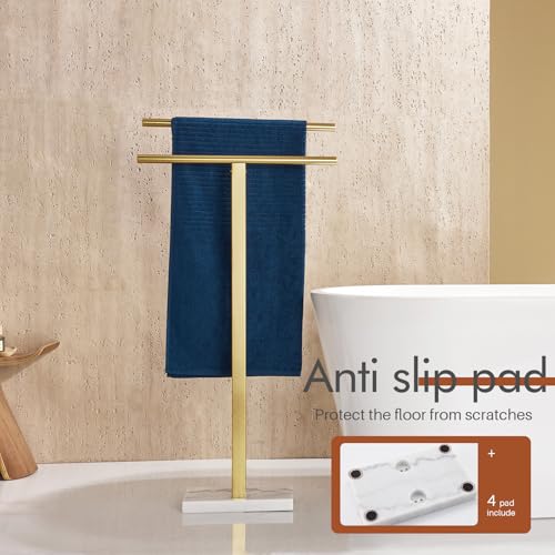 KOKOSIRI Standing Towel Rack for Bathroom Floor 2-Tier Towel Holder Free Stand with Heavy Marble Base Thicken Steady Design Gold Stainless Steel THS0005-BG - color: Brushed Gold