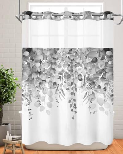 No Hook Shower Curtain and Snap in Liner Set, Gray Eucalyptus Fabric Bathroom Stall Shower Curtains 48x72, See Through Mesh Top Window, Spring Summer Botanical Floral Leaves Country Hotel Style - color: Grey, size: 48"W x 72"L (Pack of 1)