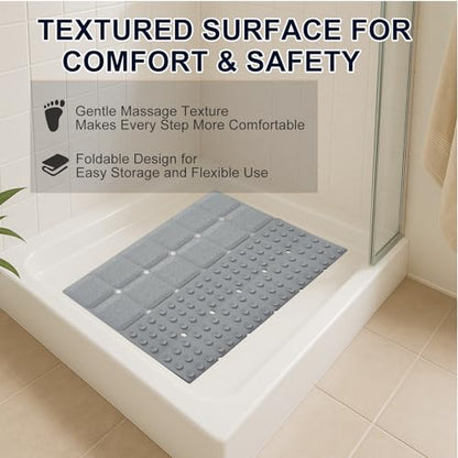 Webos Anti Slip Shower Mat for Tub & Shower Stall, 21" x 21" Square Silicone Bathtub Mat with Powerful Suction Cups, Fast-Draining, Machine Washable Soft Foldable Bathroom Mat, Grey - color: Grey, size: 21" x 21" (Square)