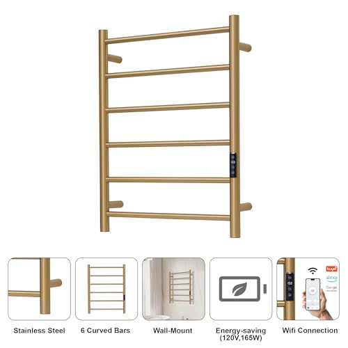 Electric Towel Rack with Voice Control for Alexa & Google Home,TUYA-Wall-Mounted Bathroom Heating Towel Warmer,Plug-in,26.77x20.47x4.39in,Stainless Steel Material,Gold，6 Bars - color: Gold With Wifi, size: 6 Bar