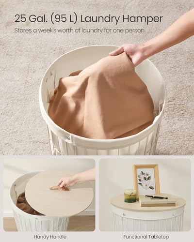 SONGMICS Laundry Hamper with Lid, Round, 25 Gallons (95 L) | Laundry Basket, Versatile, Large Capacity, Removable Fabric Liner, Cream, STOUT Collection ULCB160W01