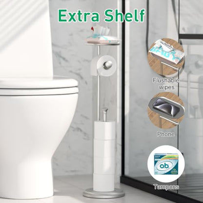 Freestanding Toilet Paper Holder with Shelf and Reserve for Small Bathroom Storage, Holds 5 Mega Rolls/Phone/Wipes Nickel