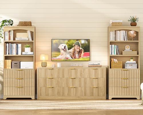 63.3" Tall Bookshelf, Bookshelves and Bookcases with Drawers, Arched Design Bookcase with Storage Cabinet, Natural Wood Grain Wave Pattern Storage Shelves for Living Room, Bedroom,Office - color: Brown