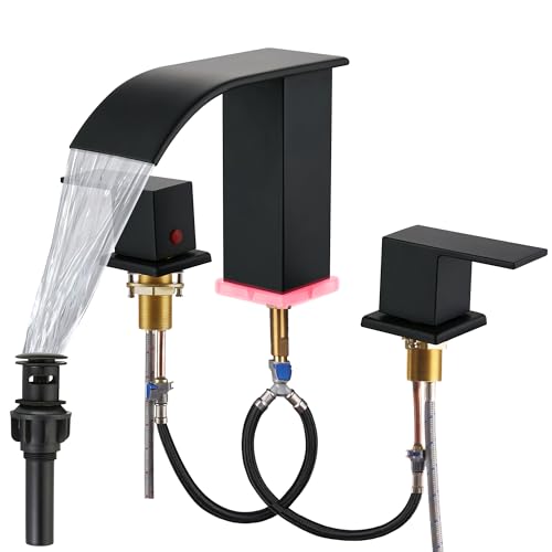 Bathroom Faucets 8 Inch Widespread Bathroom Sink Two Handles Matte Black Modern 3 Hole Waterfall Vanity Sink Faucet for 3 Hole with LED Light with Pop Up Drain - color: Matte Black