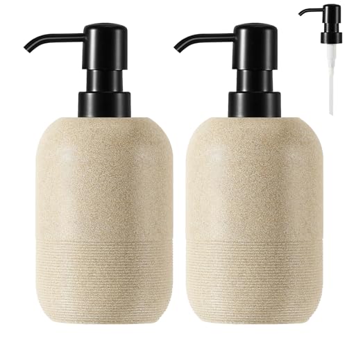 Luxspire Soap Dispenser Cylinder-Shaped Resin Soap Dispenser, Beige, 2pack | 450ml Premium sandstone resin, modern cylindrical design easy clean pump, 2 bottles, multi-purpose liquid storage - color: Beige+beige