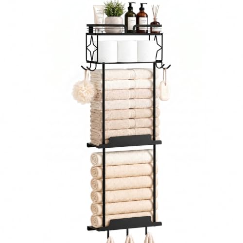Towel Racks for Bathroom 39.9 Inch Wall Mounted Towel Rack with Shelf, Bathroom Towel Storage Holds 6 Large Rolled Towels, Metal Wall Towel Rack, Black - size: 39.9inch