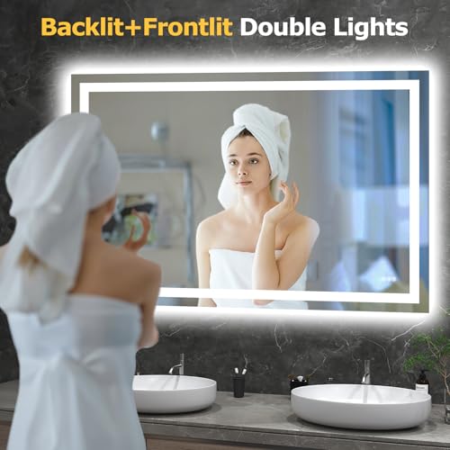 Hivone 60"X40" LED Bathroom Mirror with Lights, Anti-Fog, Dimmable, Backlit + Front Lit, Smart Bathroom Vanity Mirror, Memory Function, Shatterproof, Tempered Glass (Horizontal/Vertical) - size: 60"L x 40"W