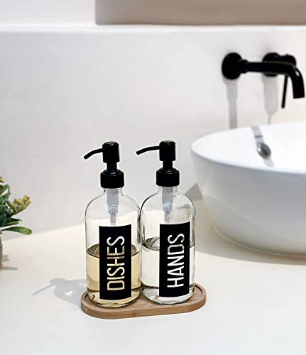 JASAI 2Pack 18OZ Glass Soap Dispenser with Black Hand & Dish Printed Label | Clear Glass Kitchen Soap Dispenser with Rustproof 304 Stainless Steel Pump for Hand Soap & Dish Soap - color: Black With Black Pump