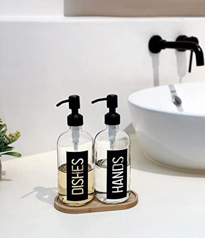 JASAI 2Pack 18OZ Glass Soap Dispenser with Black Hand & Dish Printed Label | Clear Glass Kitchen Soap Dispenser with Rustproof 304 Stainless Steel Pump for Hand Soap & Dish Soap - color: Black With Black Pump