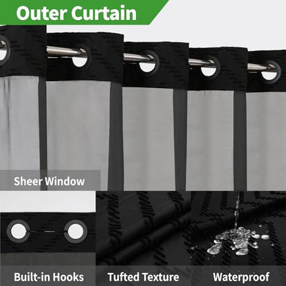 eachope No Hook Tufted Chevron Striped Shower Curtain with Snap-in Fabric Liner set-71Wx74H(72H),Black Hotel Grade Boho Style Shower Curtain with See Through Top Window,Water Repellent - color: Black, size: 71"W x 74"L (Pack of 1)