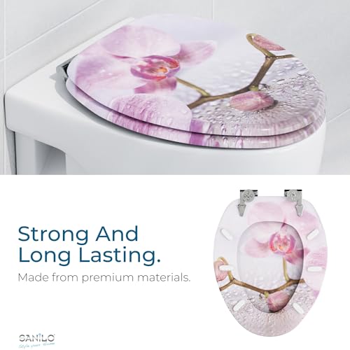 SANILO Wooden Toilet Seat with Soft Close [ELONGATED] - Decorative, Quiet & Slow Close Molded Wood Seat - With Strong Bumpers & Hinges - Adjustable Fit - Blooming - color: Blooming