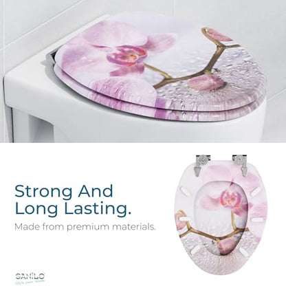 SANILO Wooden Toilet Seat with Soft Close [ELONGATED] - Decorative, Quiet & Slow Close Molded Wood Seat - With Strong Bumpers & Hinges - Adjustable Fit - Blooming - color: Blooming