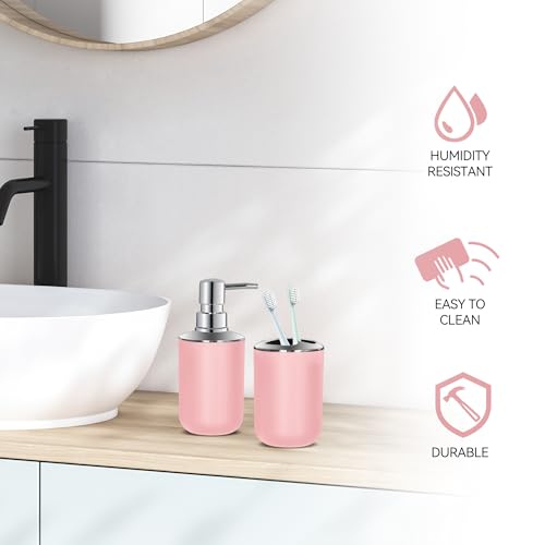 Pink Bathroom Accessories Set 2 PCS, Soap Dispenser and Toothbrush Holder | Pink Bathroom Accessories, Plastic Set, Boho Bathroom Decor, Bathroom Set - size: 2pcs Pink