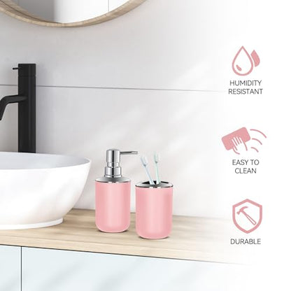 Pink Bathroom Accessories Set 2 PCS, Soap Dispenser and Toothbrush Holder | Pink Bathroom Accessories, Plastic Set, Boho Bathroom Decor, Bathroom Set - size: 2pcs Pink