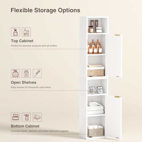 AKMAKM 59.1" Tall Slim Bathroom Storage Cabinet White | Freestanding or Wall Mounted Modular Cabinet, Fluted Panel Linen Tower with Adjustable Shelves for Small Spaces - color: White