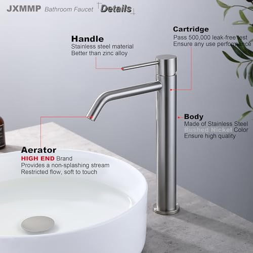 Vessel Sink Faucet Brushed Nickel, JXMMP Bathroom Sink Faucets Without Overflow Pop Up Drain and Water Faucet Supply Lines, Stainless Steel SpotShield Bathroom Faucet for Sink 1 Hole, JXM1001BN - color: Brushed Nickel, size: Tall Faucet