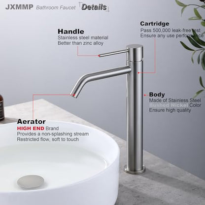 Vessel Sink Faucet Brushed Nickel, JXMMP Bathroom Sink Faucets Without Overflow Pop Up Drain and Water Faucet Supply Lines, Stainless Steel SpotShield Bathroom Faucet for Sink 1 Hole, JXM1001BN - color: Brushed Nickel, size: Tall Faucet