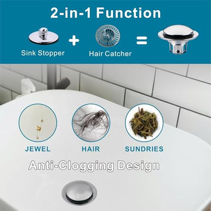 WELSAN Chrome Plated Bathroom Sink Drain Stopper 1 1/8"-1 1/2" Bath Drain | Bathroom Sink Stopper Replacement, Universal Pop-Up Drain Stopper Plug Strainer with Hair Catcher, Anti-Clogging Design - color: Chrome Plated