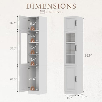 Sweet Memory 86 Inch Tall Bathroom Storage Cabinet, Thin Bathroom Organizer with 5 Tier Shelves and Glass Door, Freestanding Small Space Storage Cabinet for Bedroom, Laundry Room, Kitchen