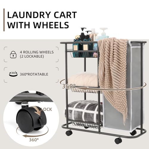 Rolling Laundry Sorter with 3 Storage Baskets and 45 L Bag, 3-Tier Laundry Caddy Between Washer and Dryer,Laundry Room Organization with Wheels and Handle for Narrow Space Bathroom Apartment Dorm | 3-Tier Laundry Caddy, Between Washer and Dryer, With Whee