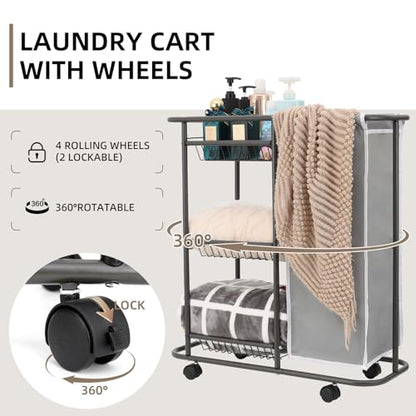 Rolling Laundry Sorter with 3 Storage Baskets and 45 L Bag, 3-Tier Laundry Caddy Between Washer and Dryer,Laundry Room Organization with Wheels and Handle for Narrow Space Bathroom Apartment Dorm | 3-Tier Laundry Caddy, Between Washer and Dryer, With Whee