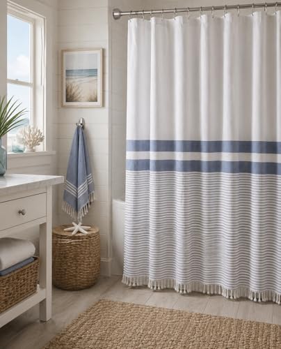 Striped Cotton Blend Shower Curtain with Fringe, Luxury Jacquard Fabric, Machine Washable, 72x72 Inch, Seabreeze - color: Seabreeze