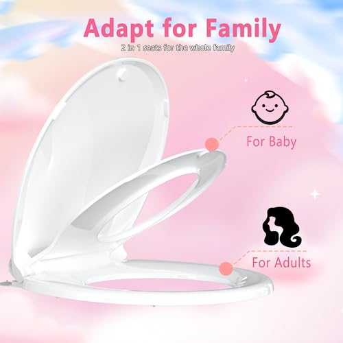 Aünsffer Toddler Toilet Seat with Potty Training Seat Round 16.5inch, 2 in 1 Toilet Seat for Family Built-in Baby Seat Removable, Soft Close + Easy Clean, PP Safe Material, White - color: White, size: Round 16.5inch with Baby Seat