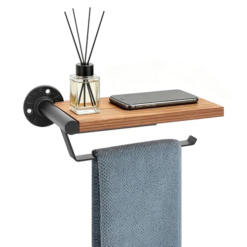 Hand Towel Holder/Towel Ring with Wooden Shelf, Hand Towel Rack, Hand Towel Hanger for Bathroom, Bath Accessories Wall Mounted, (Matte Black, 9.1"-Industrial Squ Shaped) - size: 9.1"-Industrial Squ Shaped