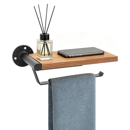 Hand Towel Holder/Towel Ring with Wooden Shelf, Hand Towel Rack, Hand Towel Hanger for Bathroom, Bath Accessories Wall Mounted, (Matte Black, 9.1"-Industrial Squ Shaped) - size: 9.1"-Industrial Squ Shaped