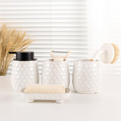 Bathroom Accessory Set 4PCS, Ceramic Bathroom Accessories Set, Bathroom Accessories Sets Complete, White Honeycomb Design, Home Apartment Modern Bath Decor Vanity Countertop, ANTIS'S HOME - size: Liquid