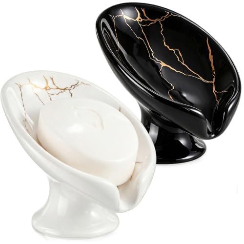 2 Pack Soap Dishes for Bar Soap Holder Ceramic Decorative Self Draining Leaf Shape Design for Sink Modern Bathroom Shower Kitchen, Marble Pattern (White Gold & Black Gold) - color: White Gold & Black Gold