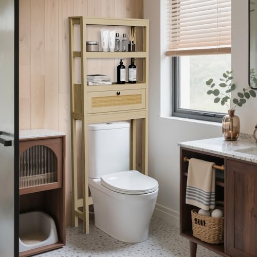 Over Toilet Storage Cabinet with Barn Door & Adjustable Shelves | 24 Inch Wide Bathroom Organizer, Space-Saving, Sturdy Wood, Anti-Tipping, Easy Assembly, for Restroom, Laundry, Small Spaces - color: Brown-black
