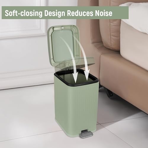 rejomiik Small Bathroom Trash Can with Lid Slim Soft Close Garbage Can Step Wastebasket Container Trash Bin for Office Bedroom Kitchen Living Room (1.9 Gallon Light Green) | Garbage Can with Pedal for Office, Bedroom, Kitchen & Living Room, Narrow Plastic