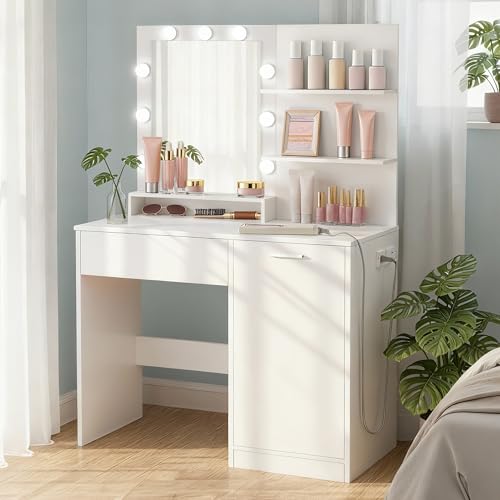 VASAGLE KAILYN Collection - Vanity Desk with Mirror and Lights, 35.4-Inch Wide Makeup Vanity with Stool, Power Outlets, LED Lights, Storage Drawer, for Bedroom, Modern, Cloud White URDT128WB01S - style: 35.4"W 1 Drawer 1 Cabine Vanity Desk - Cloud White