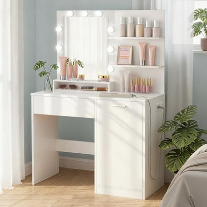 VASAGLE KAILYN Collection - Vanity Desk with Mirror and Lights, 35.4-Inch Wide Makeup Vanity with Stool, Power Outlets, LED Lights, Storage Drawer, for Bedroom, Modern, Cloud White URDT128WB01S - style: 35.4"W 1 Drawer 1 Cabine Vanity Desk - Cloud White
