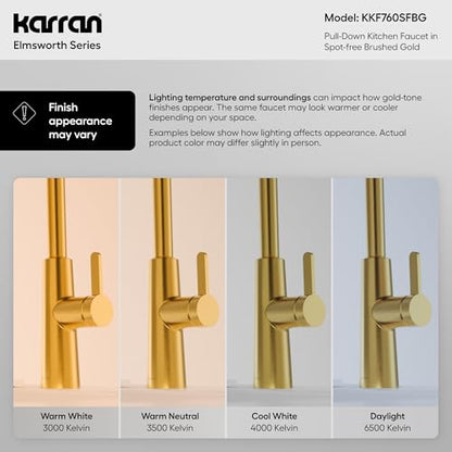 Karran Elmsworth Commercial Style Pull-Down Kitchen Faucet with Dual Interchangeable Spray Heads 5-Function Revolve MAX & 3-Function Revolve Mini Aerator High-Arc Spout (Spot Free Brushed Gold) - color: Spot Free Brushed Gold