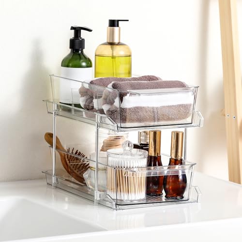 2 Set, 2 Tier Clear Organizer with Dividers for Cabinet, Shlef, Counter - MultiUse Slide-Out Storage Container - Kitchen, Pantry, Medicine Cupboard Bins, Bathroom, Vanity Makeup, Under Sink Organizing - size: 8" W - 2 Set