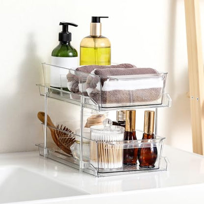 2 Set, 2 Tier Clear Organizer with Dividers for Cabinet, Shlef, Counter - MultiUse Slide-Out Storage Container - Kitchen, Pantry, Medicine Cupboard Bins, Bathroom, Vanity Makeup, Under Sink Organizing - size: 8" W - 2 Set
