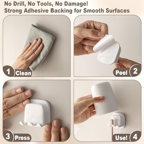 2PCS Wall Mounted Toothbrush Holder, Adhesive 2-Slot Toothbrush Organizer with Cup Hook No-Drill Bathroom Organizer for Toothbrushes, Mouthwash Cup - Self-Sticky Seamless Storage Rack (White)