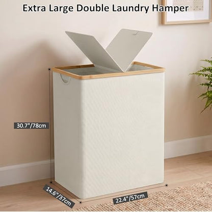 efluky Laundry Hamper with Lid, Double Laundry Basket with 2 Removable Bags, 2 Section Laundry Bin with Bamboo Handles for Bathroom, Bedroom & Laundry Room, 170L (44.9 Gallon) Beige - color: Beige, size: 170L Dual