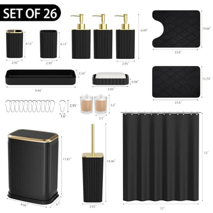 Bathroom Accessory Set - 26PC Bathroom Sets with Shower Curtain and Rugs, Black Bathroom Set, Bathroom Sets with Stainless Steel Trash Can, Toilet Brush