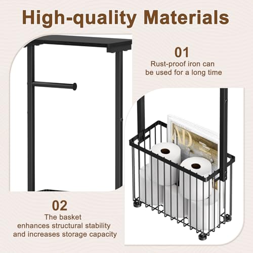 Free Standing Toilet Paper Holder with Storage Shelf – Bathroom Tissue Stand with Space for Phone, Wet Wipes and Magazines – All-in-One Toilet Roll Dispenser and Organizer Holds 4-6 Rolls - size: 28.5" H x 6.3" W x 13.4" D